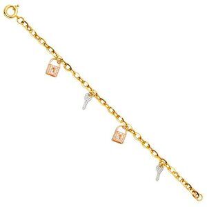 14k Tri Color Gold Lock Key Bracelet 7.5” inches